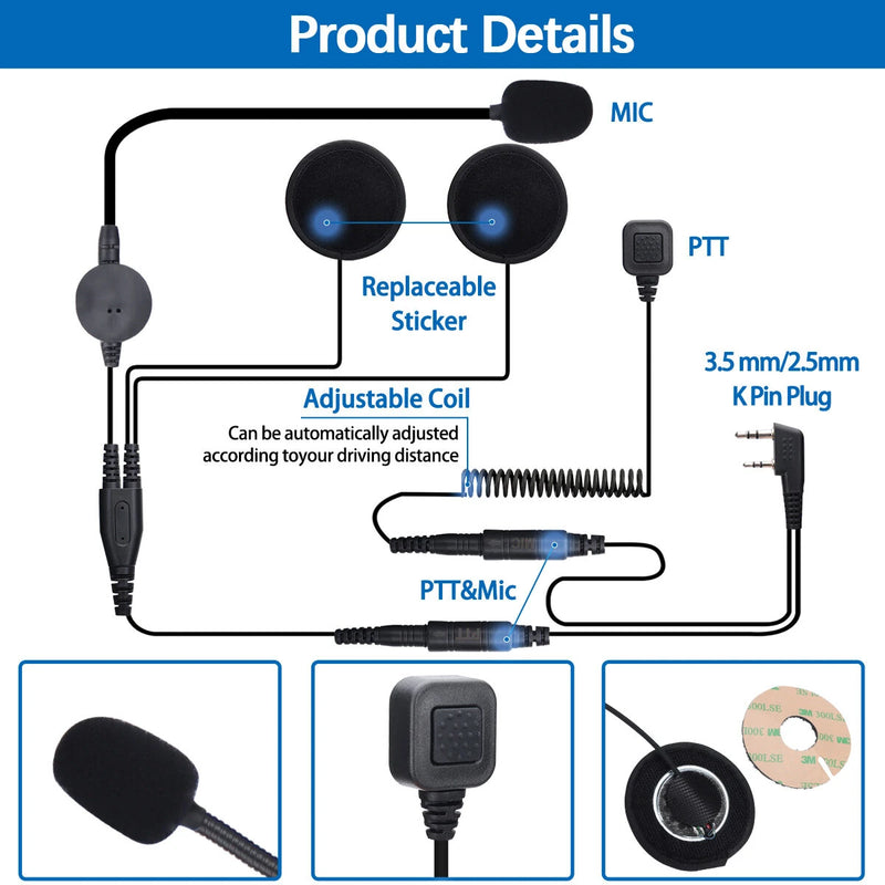 BAOFENG Rugged Radio Helmet Earpiece 2 PIN with Mic Microphone PTT for Baofeng BF-F8HP Pro 888S UV5R 5RM UV-21R UV-32 KenwoodWouxun Two Way Radio Walkie Talkie