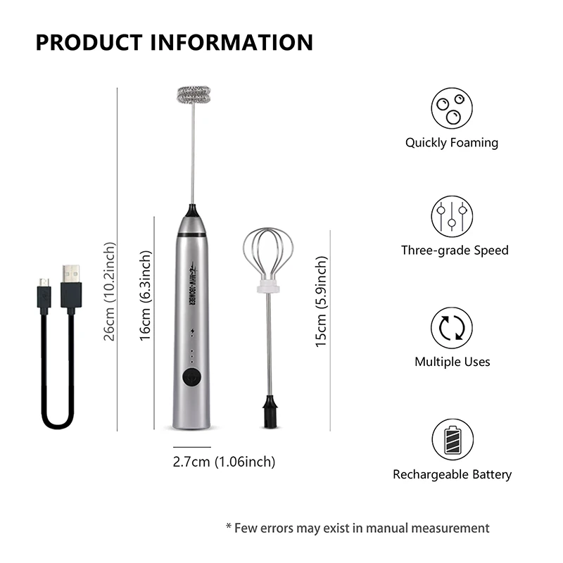 MHW-3BOMBER Electric Milk Frother Handheld Milk Foam Maker 304 Stainless Steel Handheld Egg Foamer Whisk for Home Kitchen