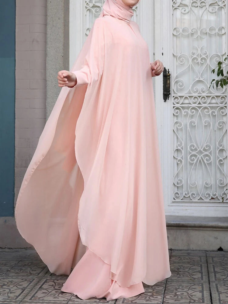 ZANZEA Plus Size Women Chiffon Kaftan Tunic Two-Piece Detachable Outside Bat Long Sleeve Maxi Dress
