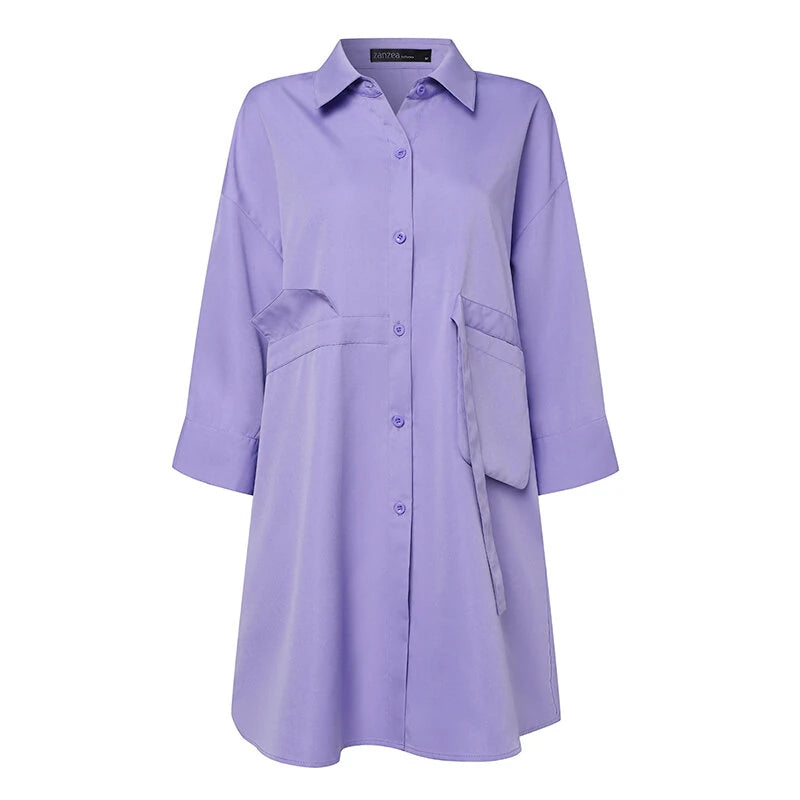 ZANZEA Womens Office Casual Solid Color Long Sleeve Shirts with Pockets Elegant Lapel Button Up Midi Blouse
