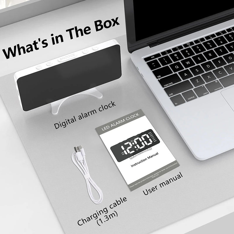 Smart LED Mirror Digital Clock Alarm Clock LED Digital Clock Auto Dimming Mirror Rechargeable Digital Clock for Bedrooms 4 Level Brightness&2 Level Volume