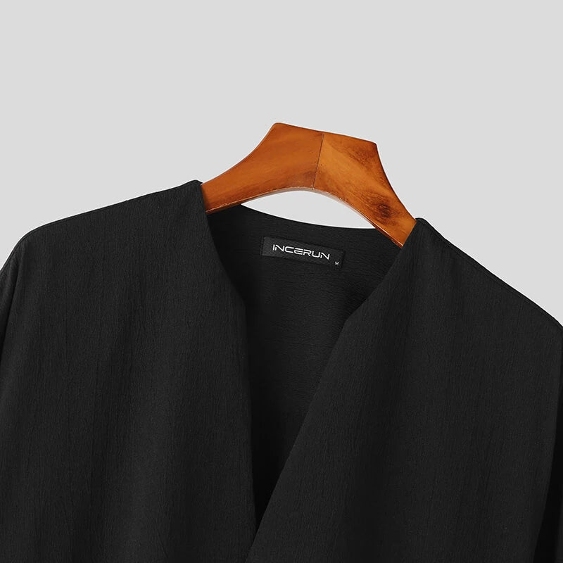 INCERUN Mens Shirts Solid Color Long Sleeve Top Shirts Summer Casual Daily V Neck Top Shirts Male Clothing