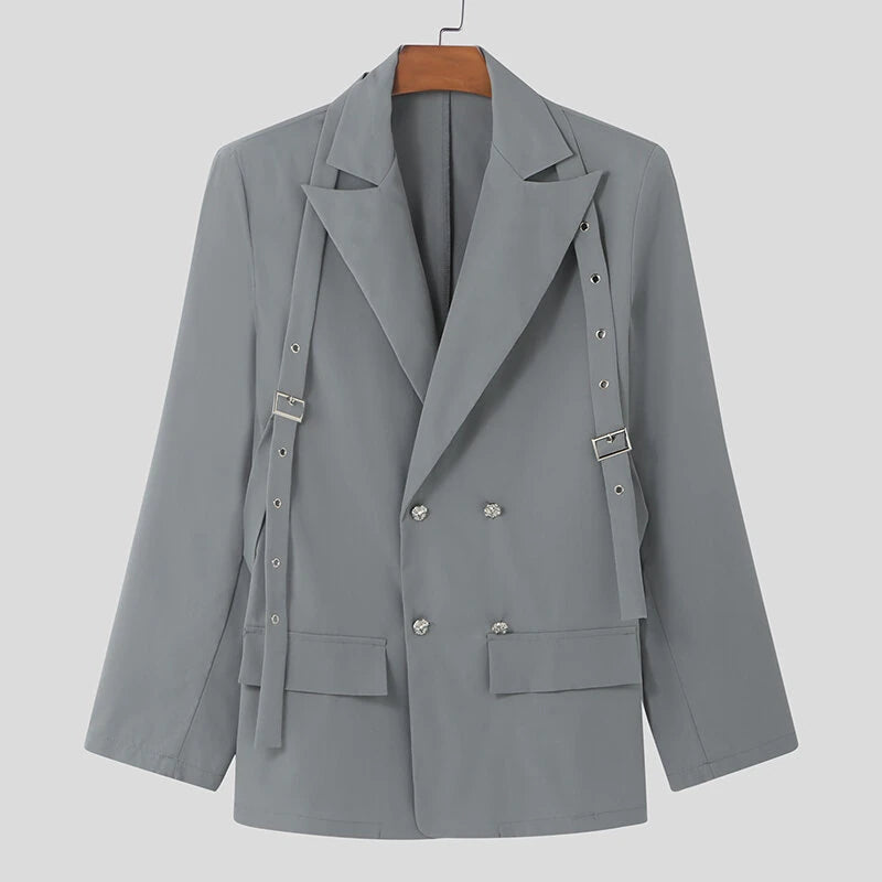 INCERUN Mens Lace-Up Design Long Sleeve Blazer Fashion Loose Fit Solid Color Casual Suit for Male