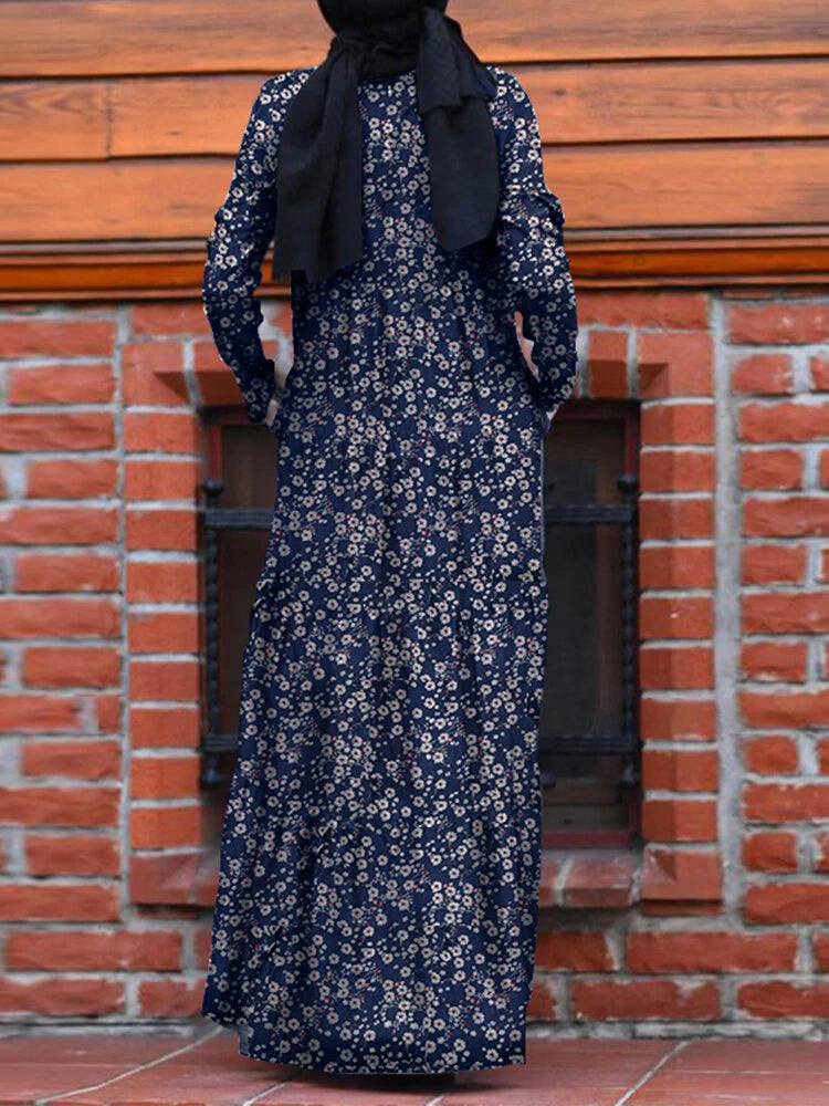 ZANZEA Plus Size Women Long Dress Floral Print Tiered Dress O-Neck Casual Maxi Dress With Side Pocket