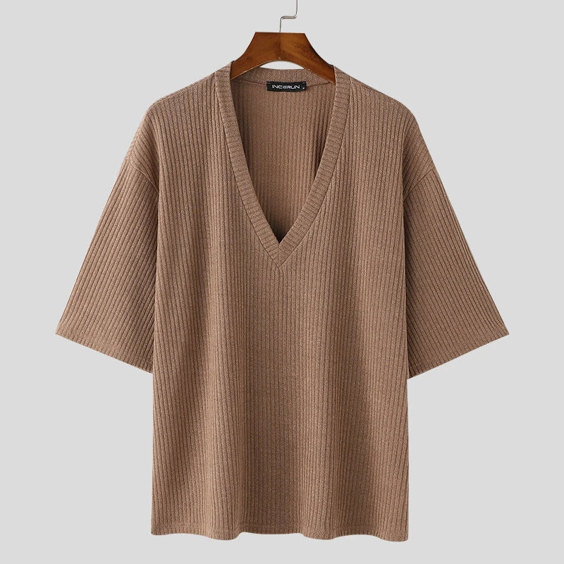 INCERUN Mens Knitted V-Neck Half Sleeve T-Shirt Casual Solod Color Short Sleeve Men Top
