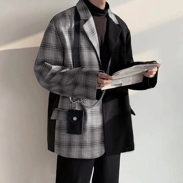 INCERUN Mens Plaid Patchwork Long Sleeve Blazer Two-tone Stylish Casual Suit Outwear for Spring Fall
