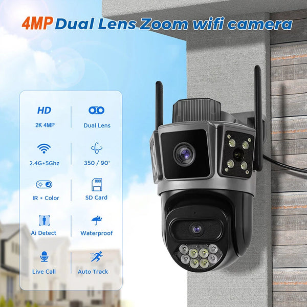 2K 4MP Wireless Security Camera Dual-Band WiFi Outdoor Surveillance with IR Color Night Vision IP66 Weatherproof Auto Tracking Two-Way Audio Monitor