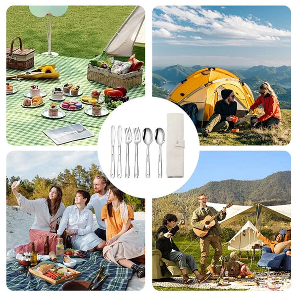 IPRee 7PCS Stainless Steel Camping Cutlery Set Portable Travel Picnic Utensils Fork Spoon Outdoor Dinnerware for Hiking