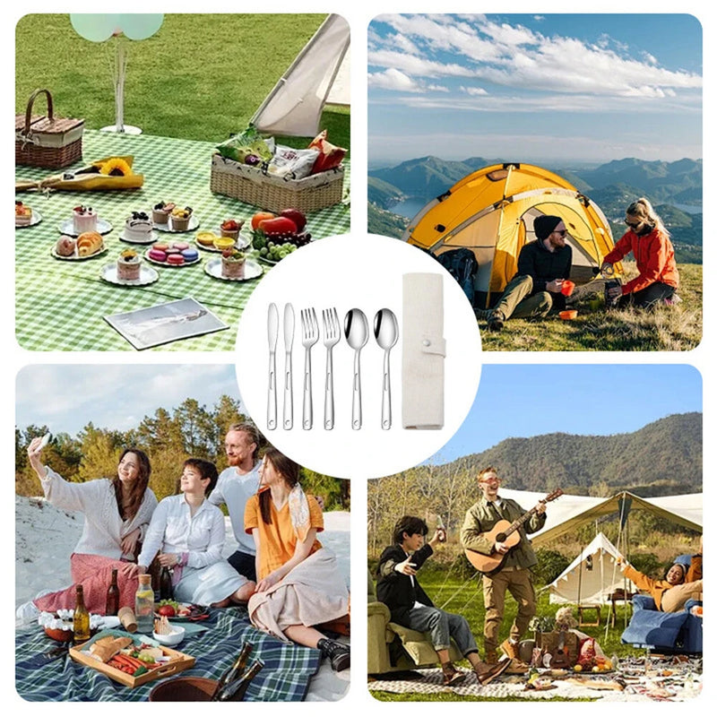 IPRee 7PCS Stainless Steel Camping Cutlery Set Portable Travel Picnic Utensils Fork Spoon Outdoor Dinnerware for Hiking