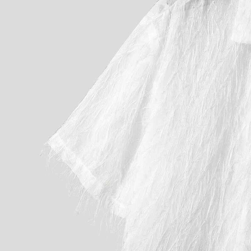 INCERUN Mens Shirts Fringed Chiffon White Shirt V-neck Lapel Short Sleeve Shirt Solid Color Men Clothing