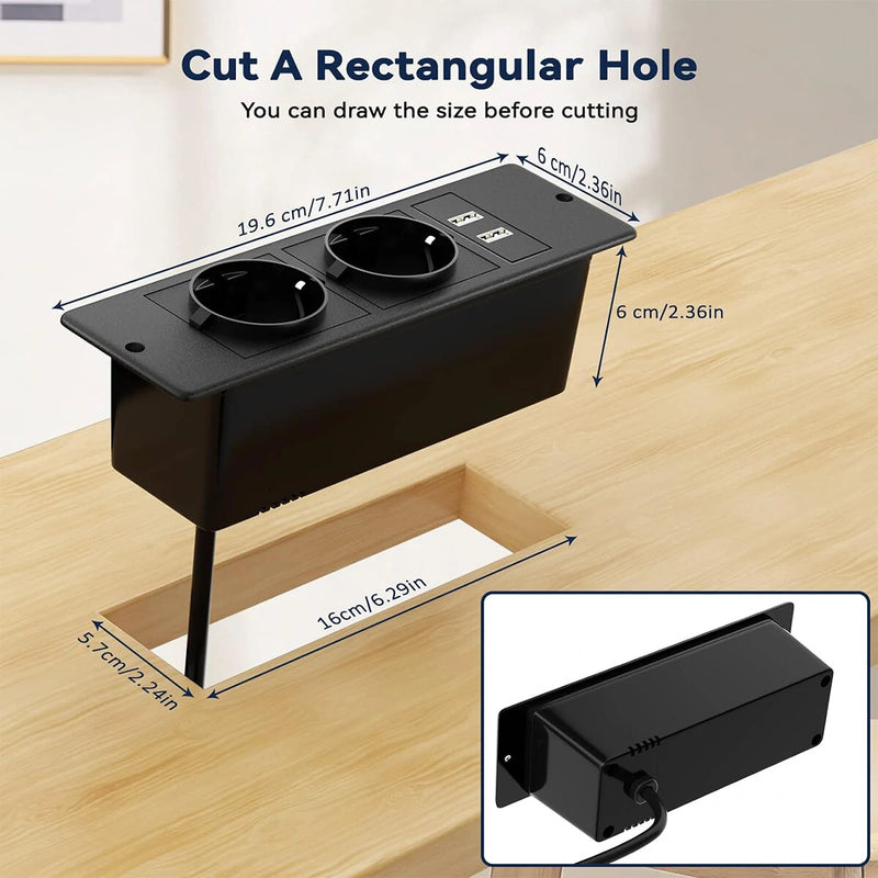Table Socket with 2 USB 2 Sockets Built-in Socket 2-Way Installation Power Strip with 2 Screws for Kitchen Furniture or Worktops Recessed Socket 1.8 Cable16 A/3500 W