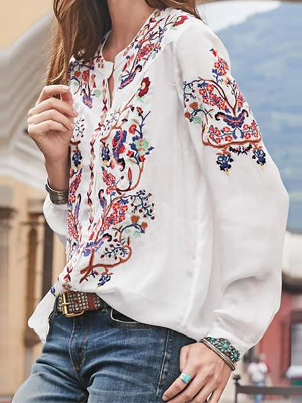ZANZEA Plus Size Women Blouse Ethnic Style Print Round Neck Long Sleeve Bohemia Button Shirt For Women