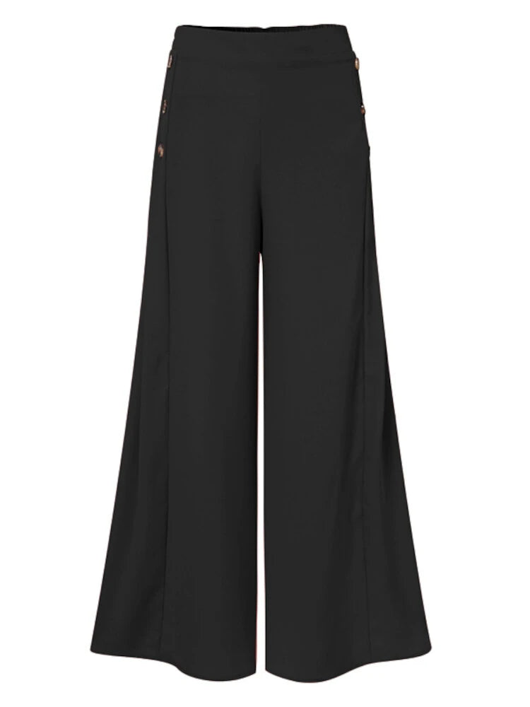 ZANZEA Plus Size Women Pants Solid Color Side Button Elastic Waist Loose Casual Wide Leg Pants With No Pocket