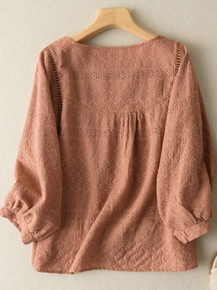 Lace Solid Long Sleeve Crew Neck Casual Blouse