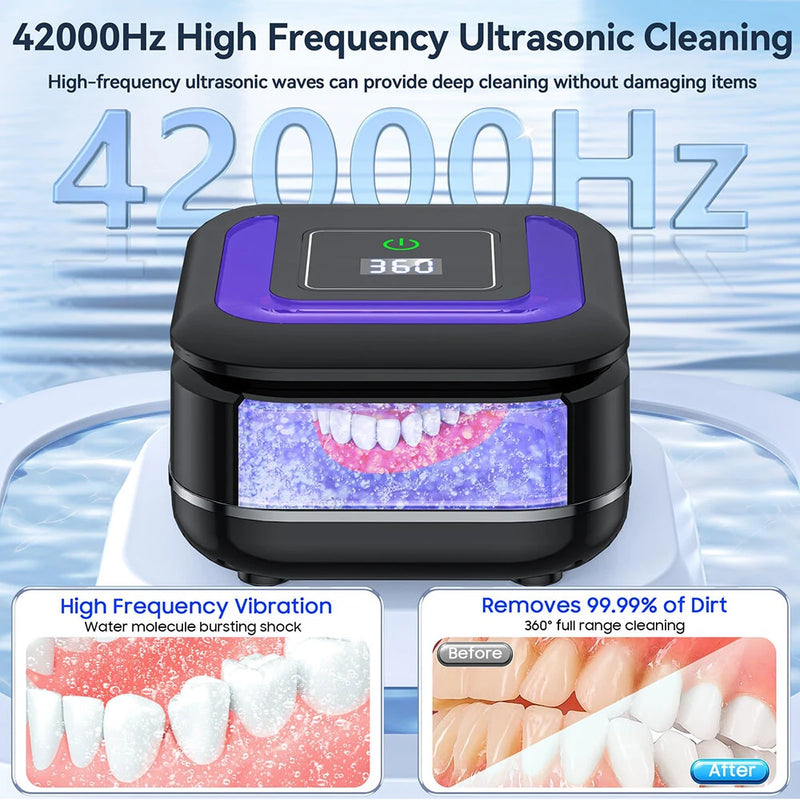 Portable Ultrasonic UV Cleaning Machine Mini Ultrasonic Braces Cleaning Machine UV Invisible Denture Cleaner 42,000Hz Deep Cleaning