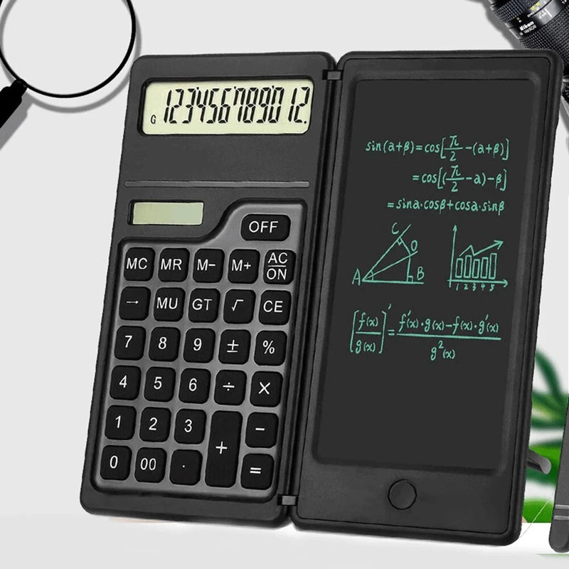 Basic Calculator Notepad with 6 Inch LCD Writing Tablet Portable Foldable Scientific Calculator Mute Solar/Dual Battery Powered for High School College Office