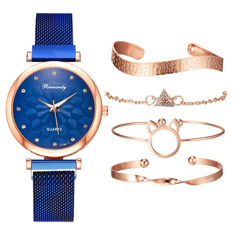 5 PCS Combination Women Bracelet Watch Set Flower Dial Mesh Steel Band Quartz Watch