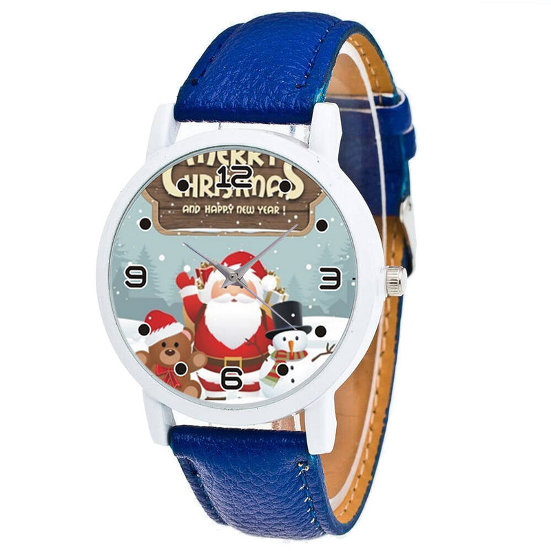 Cartoon Santa Claus with Teddy bear and Snow Men Pattern Fashion Kid Quartz Watch