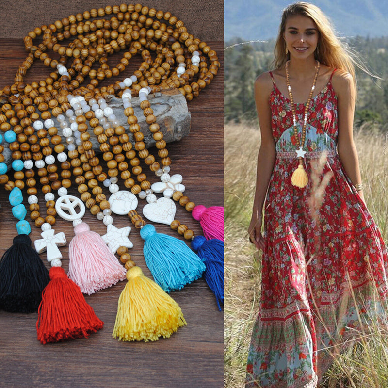 Bohemian Wooden Beads Tassel Necklace Geometric Heart Star Butterfly Turquoise Pendant Long Necklace