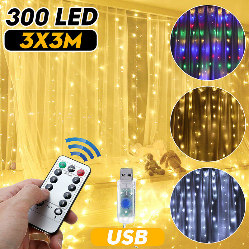 300LED USB Remote Curtain Lights Decor Fairy Lamp Window Colorful New Year