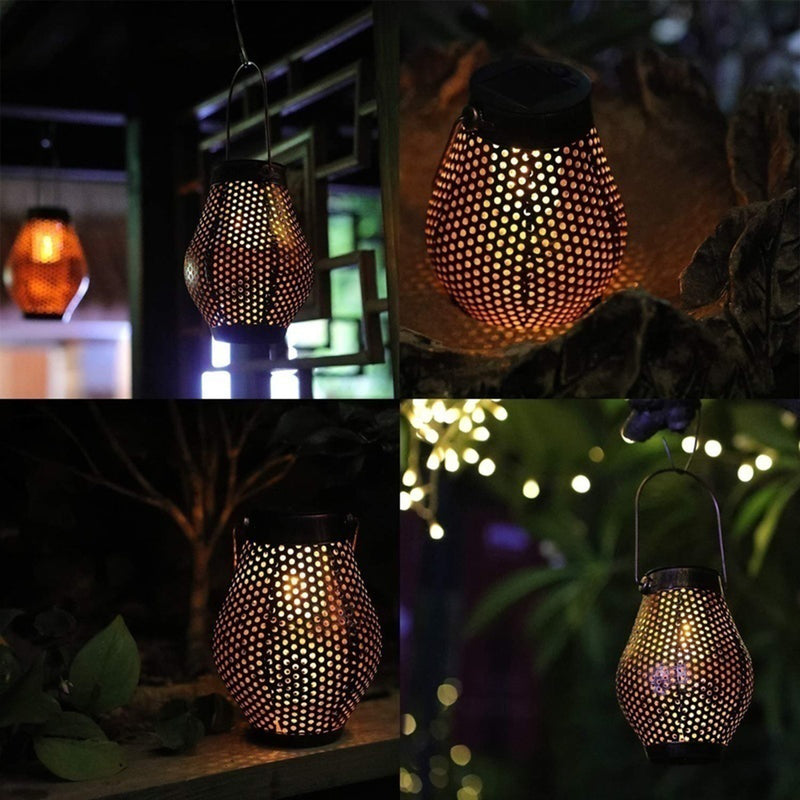 Solar LED Hanging Light Retro Hollow Lantern Outdoor Garden Yard Decoration Lamp