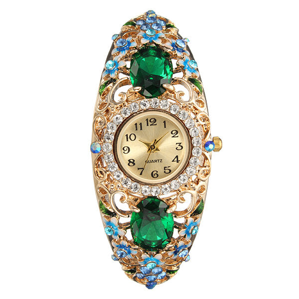 Deffrun Retro Style Ladies Bracelet Watch Flower Diamond Quartz Watch