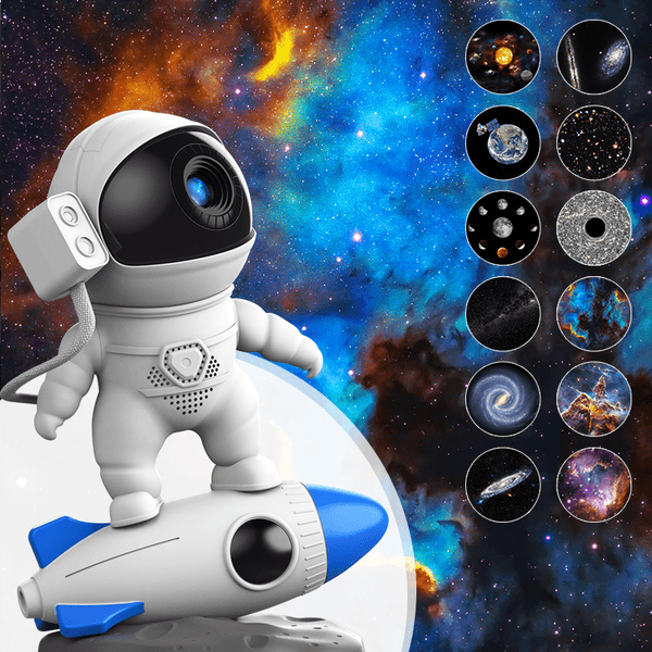 LED Astronaut Rocket Projector Galaxy Night Light 360 Rotating Focus Nebula Timing Astronaut Ambiance Night Light