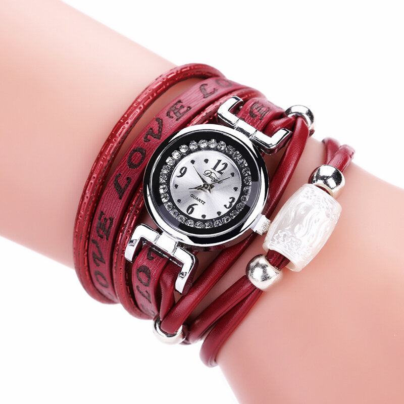 Fashion Luxury Rhinestone PU Leather Women Quartz Watch Bracelet Watch