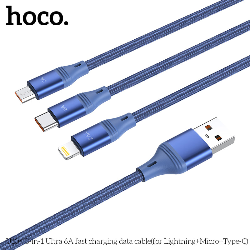 HOCO U104 1.2M (iP+Micro+Type-C) 3 in 1 Fast Charging Data Cable for iPhone 12 11Pro Max for Ulefone Power Armor 13 OnePlus 9R 5G Global Rom