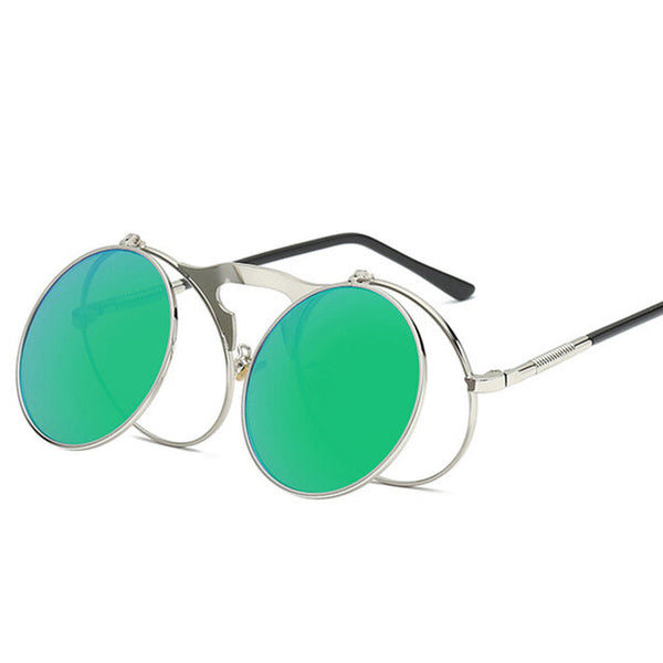 UV400 Vintage Steampunk Flip Up Men Sunglasses Women Retro Round Metal Frame Sun Glasses Hinge Design Curved Glasses Legs