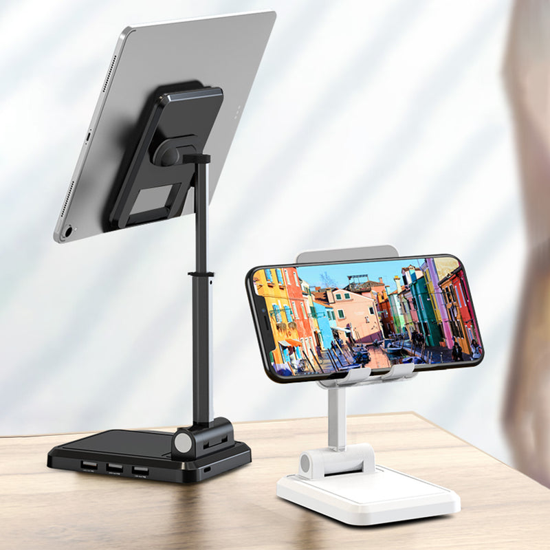 IPAKY Desktop 3-Port USB Charger Foldable Height Adjustable Phone Holder Tablet Stand For 4.0-12.9 Inch Smart Phone Tablet for iPhone 11 SE 2020 for iPad Pro 12.9 Inch 2020 Online Course Live Stream