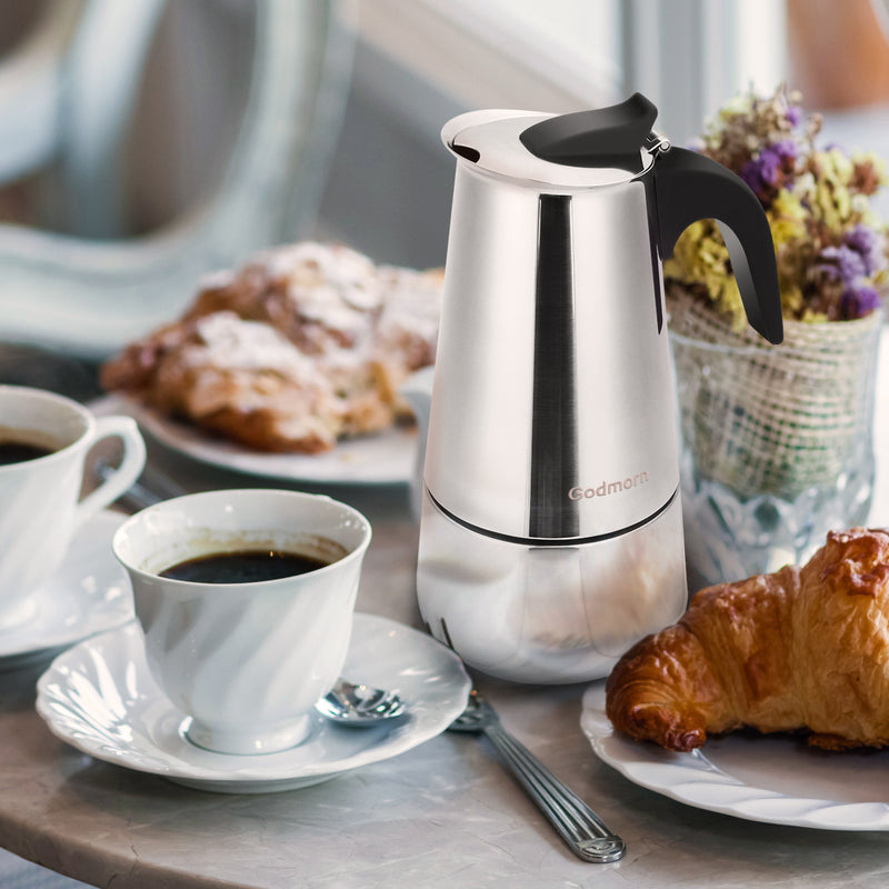 Godmorn Stovetop Espresso Maker Moka Pot Percolator Italian Coffee Maker 300ml/10oz/6 Cup Classic Cafe Maker 430 Stainless Steel Suitable For Induction Cookers