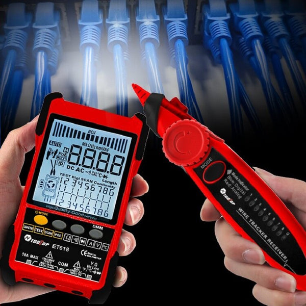 TOOLTOP Large LCD Screen Network Cable Tester + Multimeter 2 in 1 400M/500M Network Cable Length Measure AC DC Current Voltage Measurement Anti-noise Line Tracker ET616 ET618