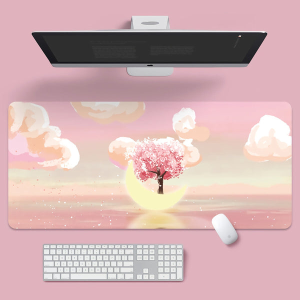 Scenery Keyboard & Mouse Pad Moon and Cherry Blossoms Large Mouse Pad Keyboard Mat 800*300*2mm/900*400*2mm for Home Office