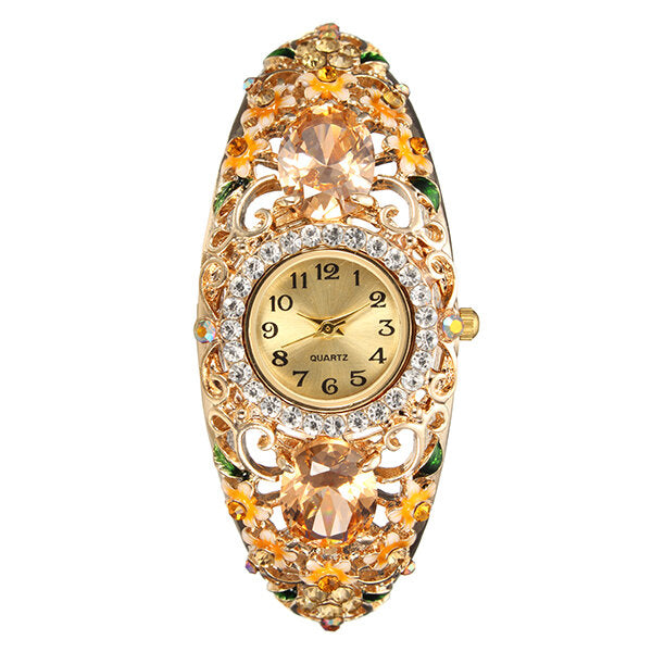 Deffrun Retro Style Ladies Bracelet Watch Flower Diamond Quartz Watch