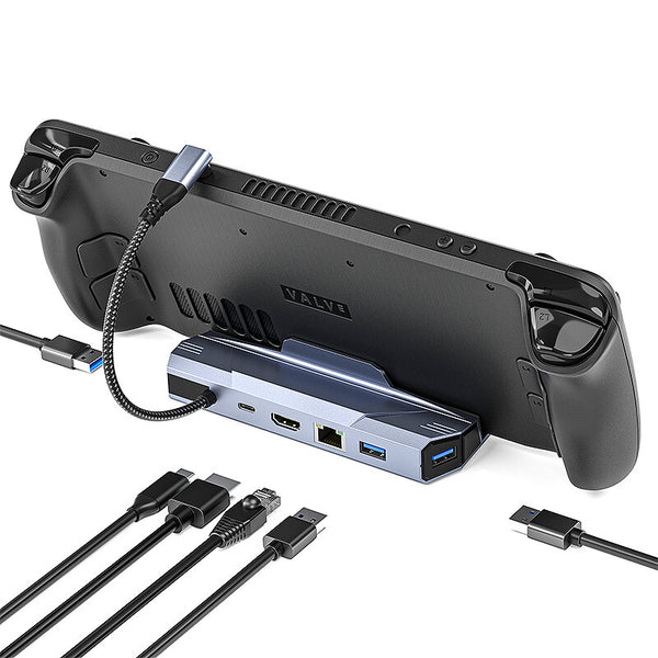 Pobod Steam Deck 6-in-1 Gaming Docking Station with USB3.0*3 PD100W USB-C 4K@60Hz HDMI 1000M LAN Multiports USB Hubs Splitter for Phone TV Tablet Laptop