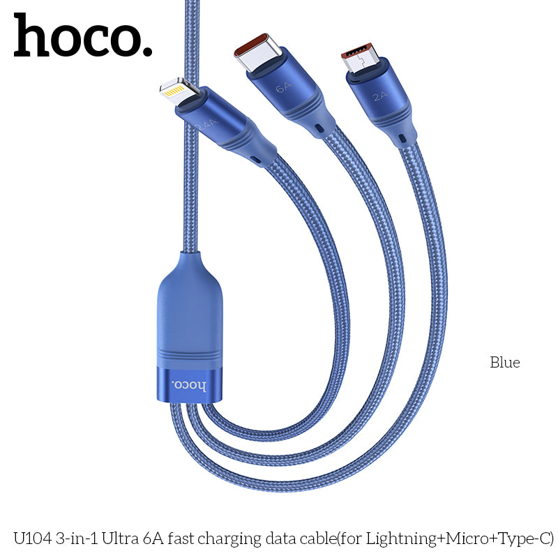 HOCO U104 1.2M (iP+Micro+Type-C) 3 in 1 Fast Charging Data Cable for iPhone 12 11Pro Max for Ulefone Power Armor 13 OnePlus 9R 5G Global Rom