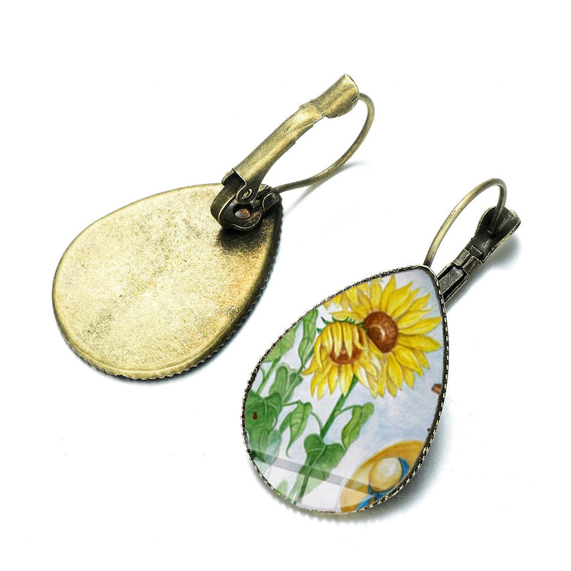 Bohemian Sun Flower Print Earrings Water Drop Shape Sunflower Gem Mount Ear Hook Women Jewelry Gifts