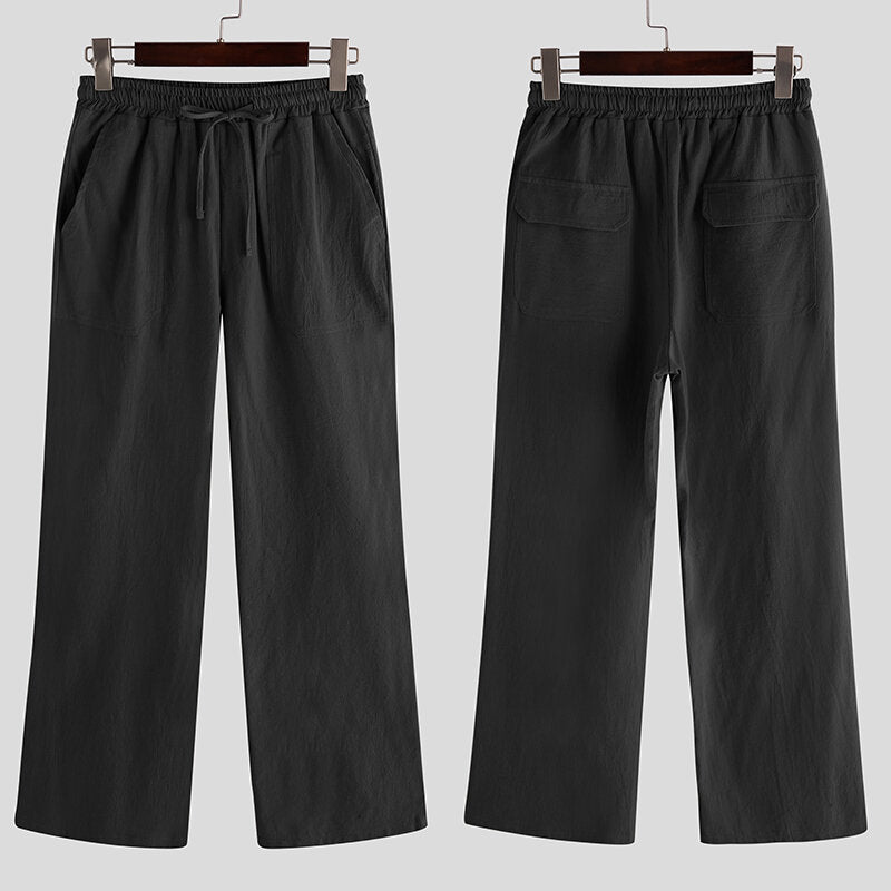 Men's Cotton Linen Straight Pants Casual Loose Trouser Elastic Waist Sports Trousers Outdoor Fitness Hiking