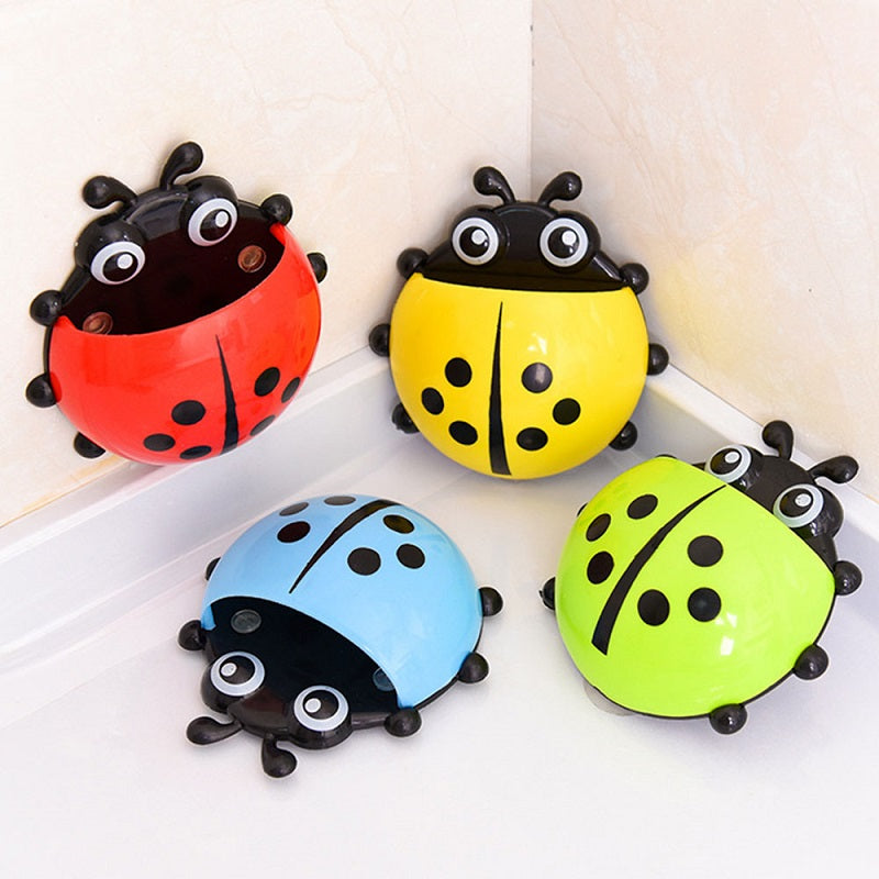 4 Color Toothbrush Cup Holder Storage Rack for Home Bathroom Organizer Ladybug Toothbrush Holder Strong Suction Cup Creative Cartoon PVC Wall Mount