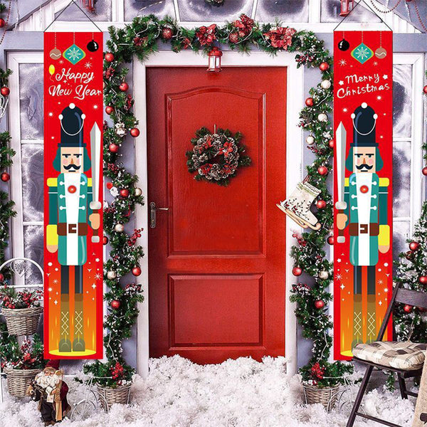 1 Pair Christmas Banner Red Green Nutcracker Soldier Pattern Couplet For Christmas Door Decoration
