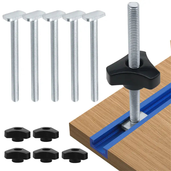 5 Pack T Bolt Knob Kit Miter Track Sliding Nut Woodworking Tool Jigs Screw Fixture For Workbench T-Slot Suitable Use With 1/4" And Universal T-Track