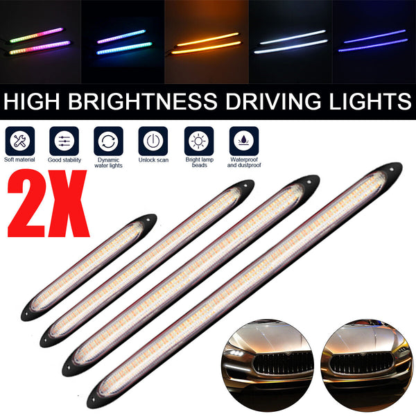 2pcs Car LED Daytime Running Light Waterproof Flexible Strip Headlight Sequential Dynamic Flow Turn Signal Yellow Lights 12V