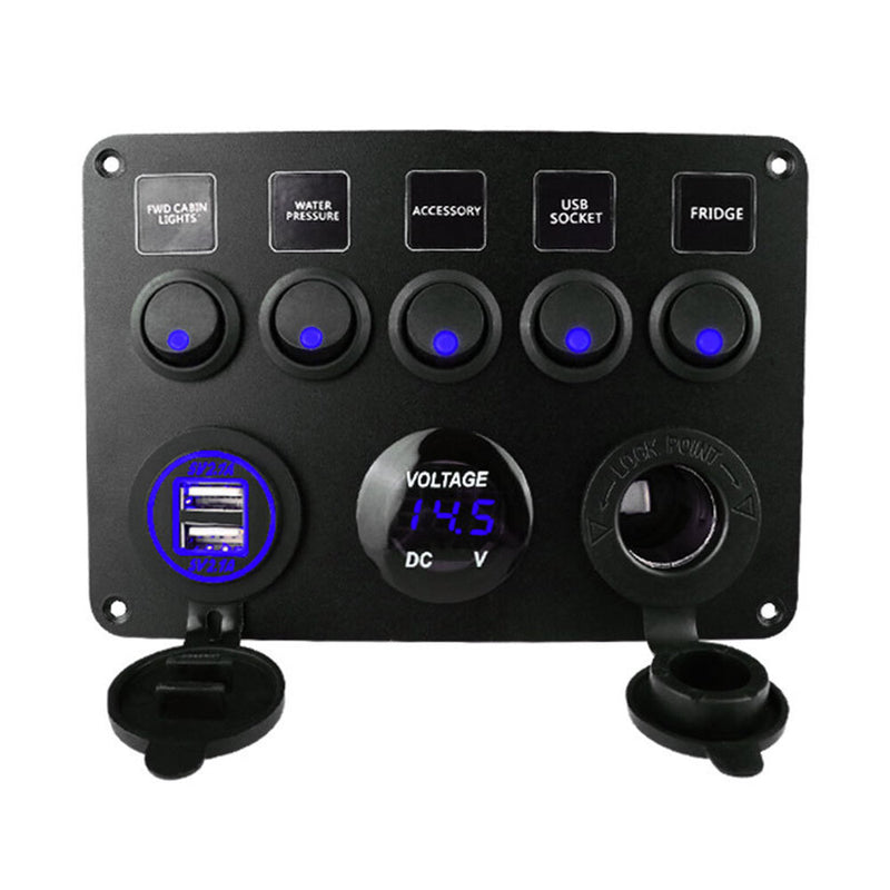 Car Boat Switch Panel Waterproof Digital Voltmeter Dual USB Port 12V Outlet Combination Marine LED Rocker 5 Gang