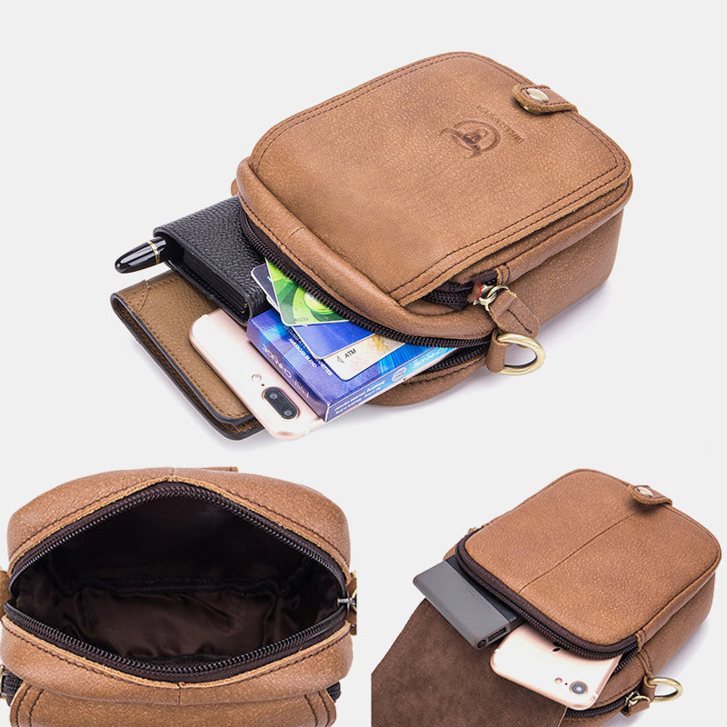 Bullcaptain Men Genuine Leather Multi-Layers Casual Crossbody Bag Shoulder Bag