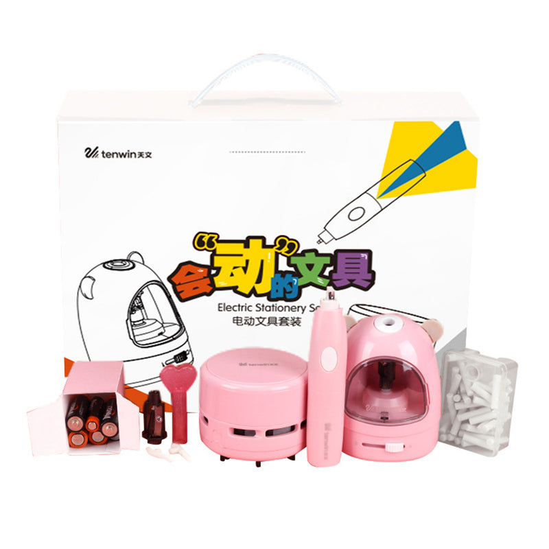 Tenwin 8087 3pcs/set Electric Pencil Sharpener Stationery Set Mini Vacuum Cleaner Electric Eraser Cartoon Kids Learning Kit Box Boy Girls