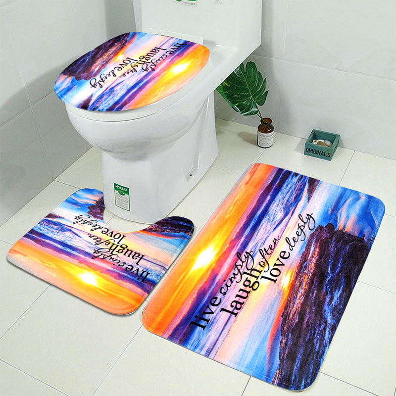 Sandy Beach Waterproof Bathroom Shower Curtain Toilet Cover Mat Non-Slip Rug Set