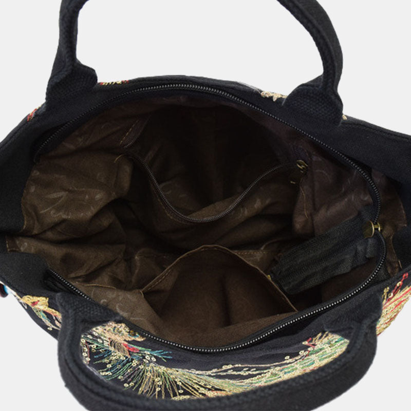 Women Canvas Embroidery Peacock Pattern Ethnic Style Multi-carry Handbag Crossbody Bag Shoulder Bag