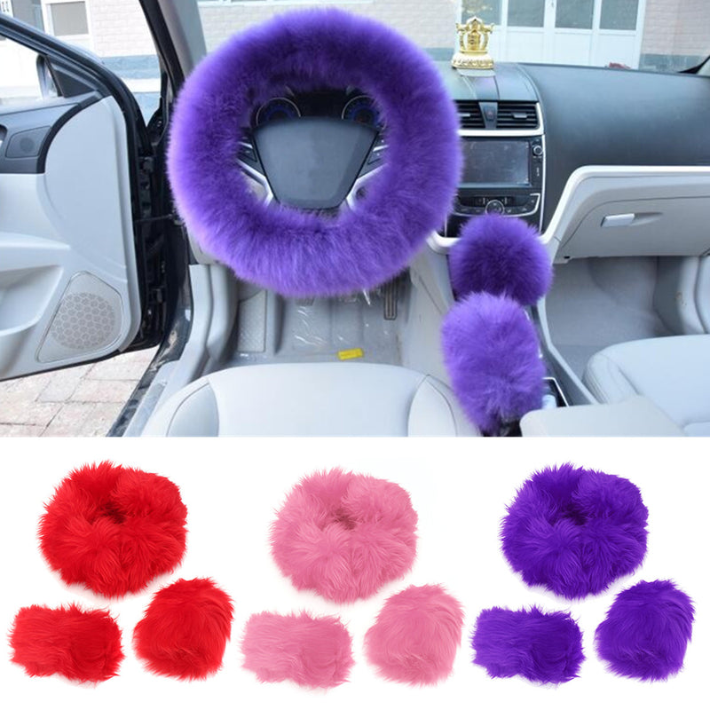 Furry Winter Steering Wheel, Gear Shifter, and Parking Brake Covers - Set of 3 - Car Wheel + Knob Shifter 3Pcs