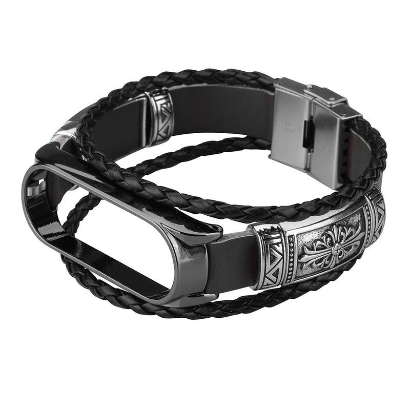 DIY Leather Metal Case Watch Band Watch Strap for Xiaomi Miband 5 Mi Band 5 NFC Non-original